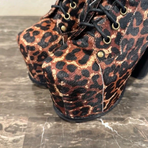 Jeffrey Campbell Big Lita Calf Hair Leather Leopard Print Platform Booties